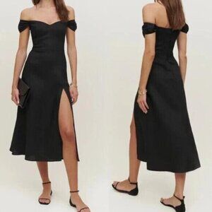 Reformation Bridgton Linen Dress off the shoulder Midi